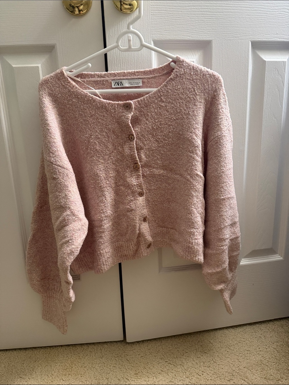 ZARA Light Pink Bouclé Button Cardigan